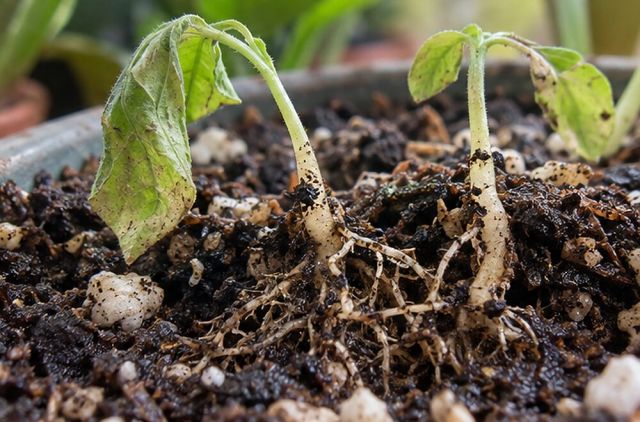 Seedlings wilt with chewed roots.