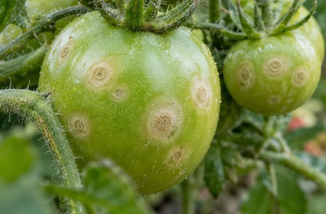 On tomatoes, pale rings on green fruit where spores landed.