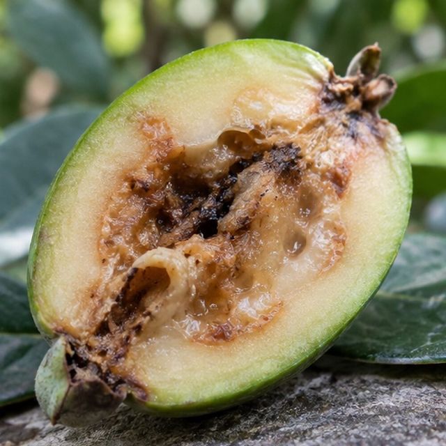 Cut fruit is brown and rotten inside.