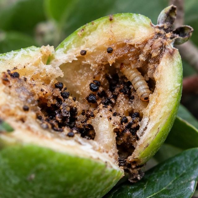 Dark droppings inside the fruit.