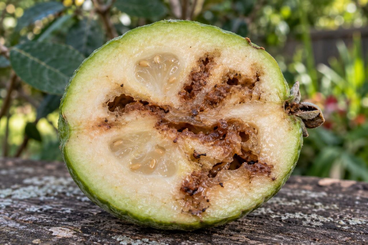 A cut feijoa with brown, tunnelled flesh