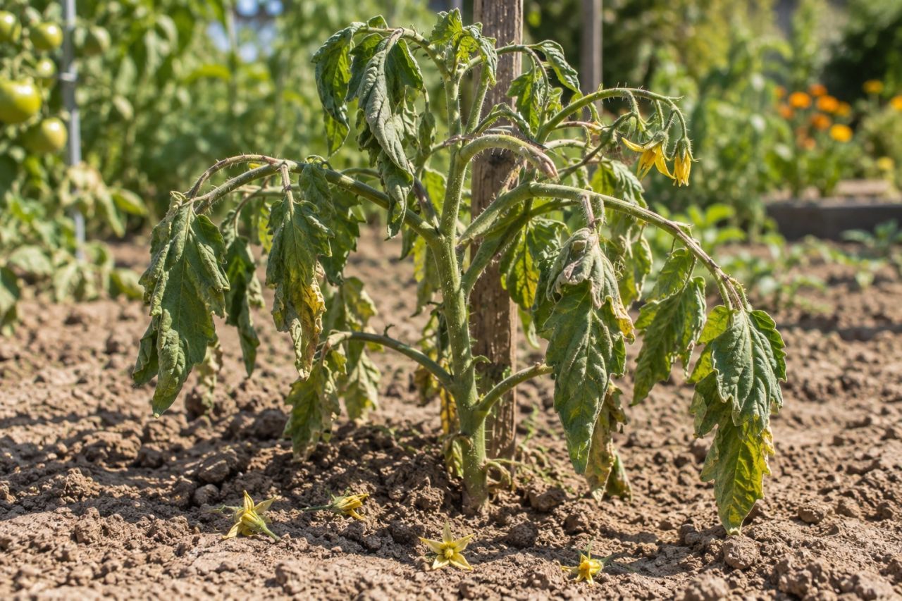 A tomato plant wilting in a hot, dry bed