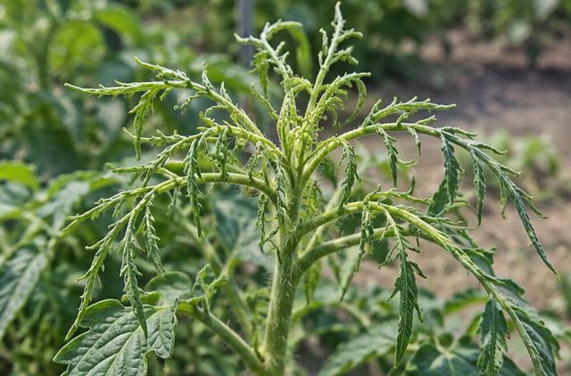 Tomato leaves turn narrow and feathery.