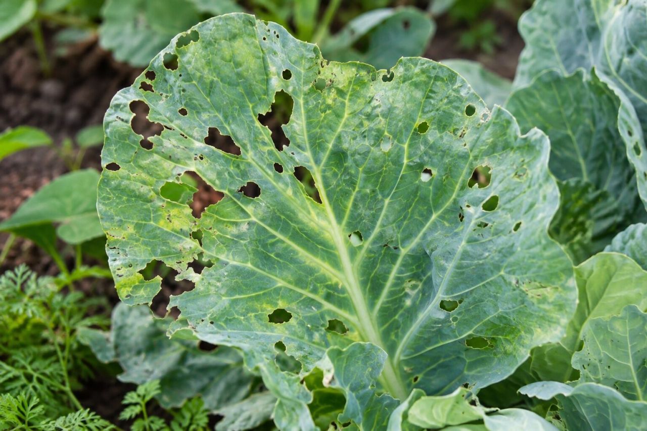 A sunflower seedling with ragged holes and a slug beside it