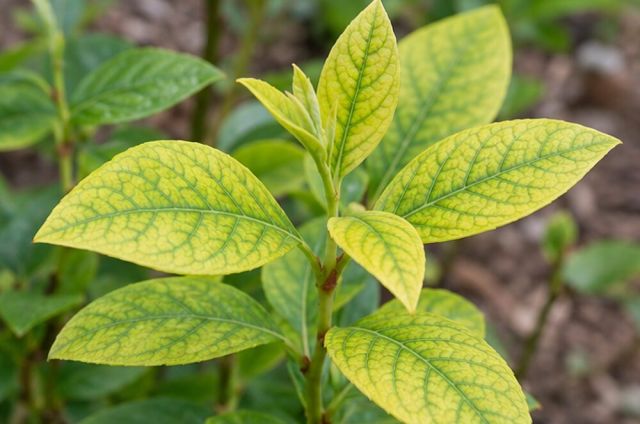 A fine green network on yellow leaf tissue at the shoot tips.