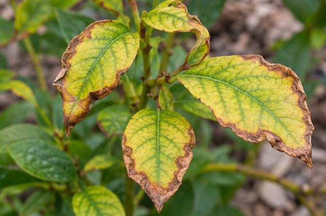 Leaf margins scorch in long-standing cases.