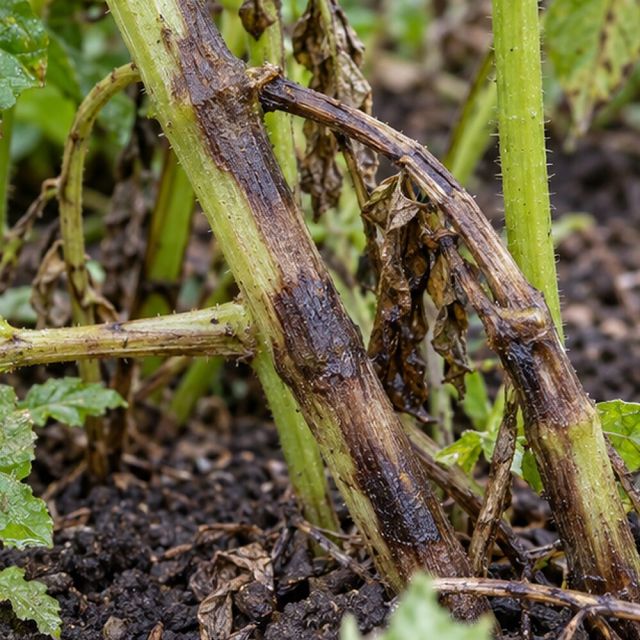 Stems collapse with dark lesions.