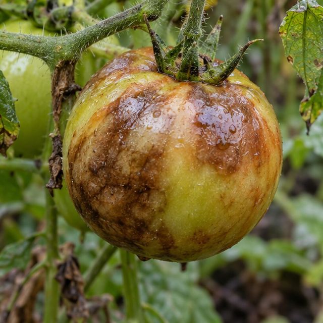 Tomatoes develop firm brown marbling and rot.
