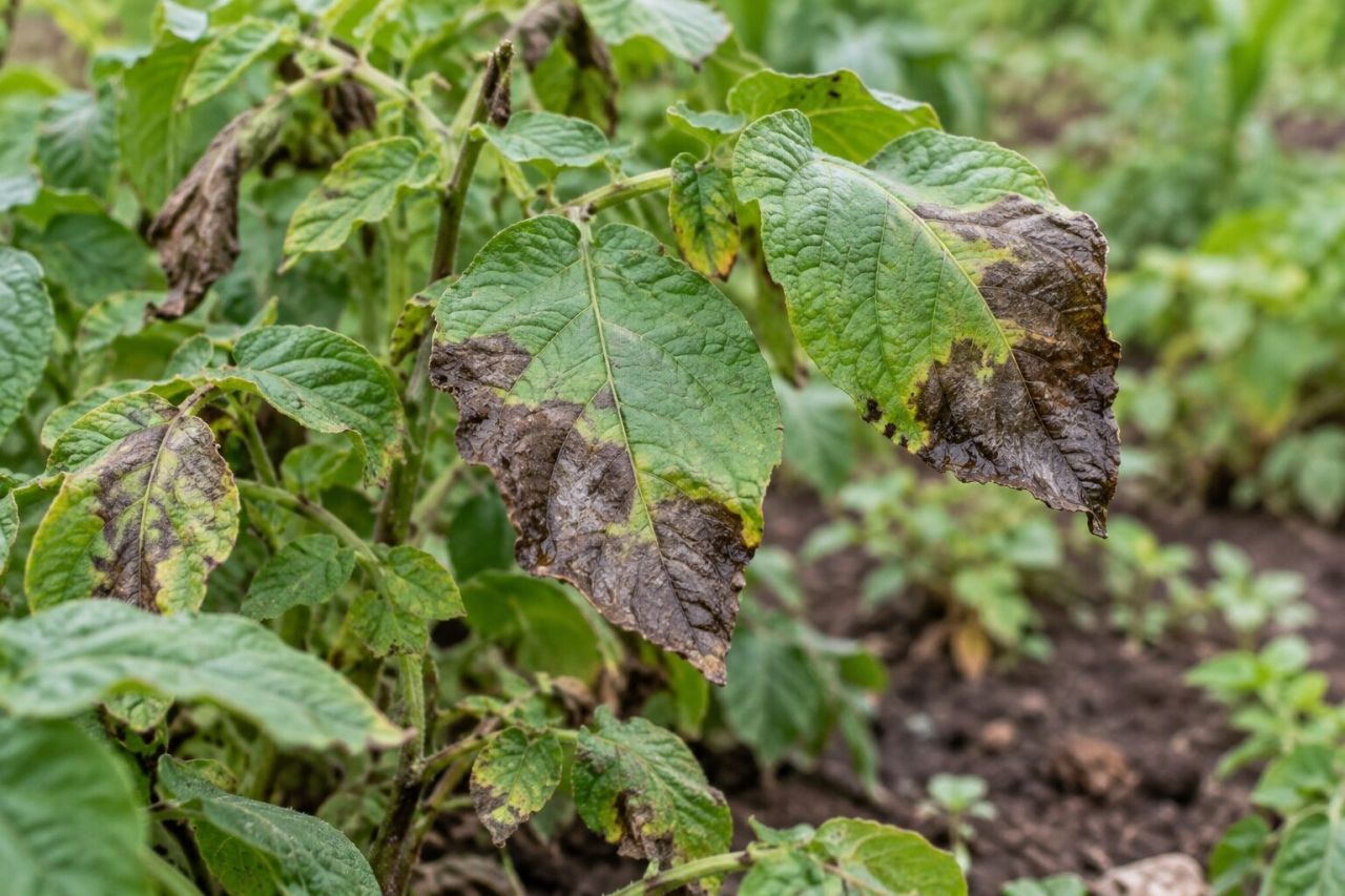 Potato leaves with dark water-soaked late blight patches