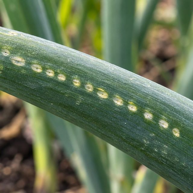 Allium leaf miner leaves rows of white dots.