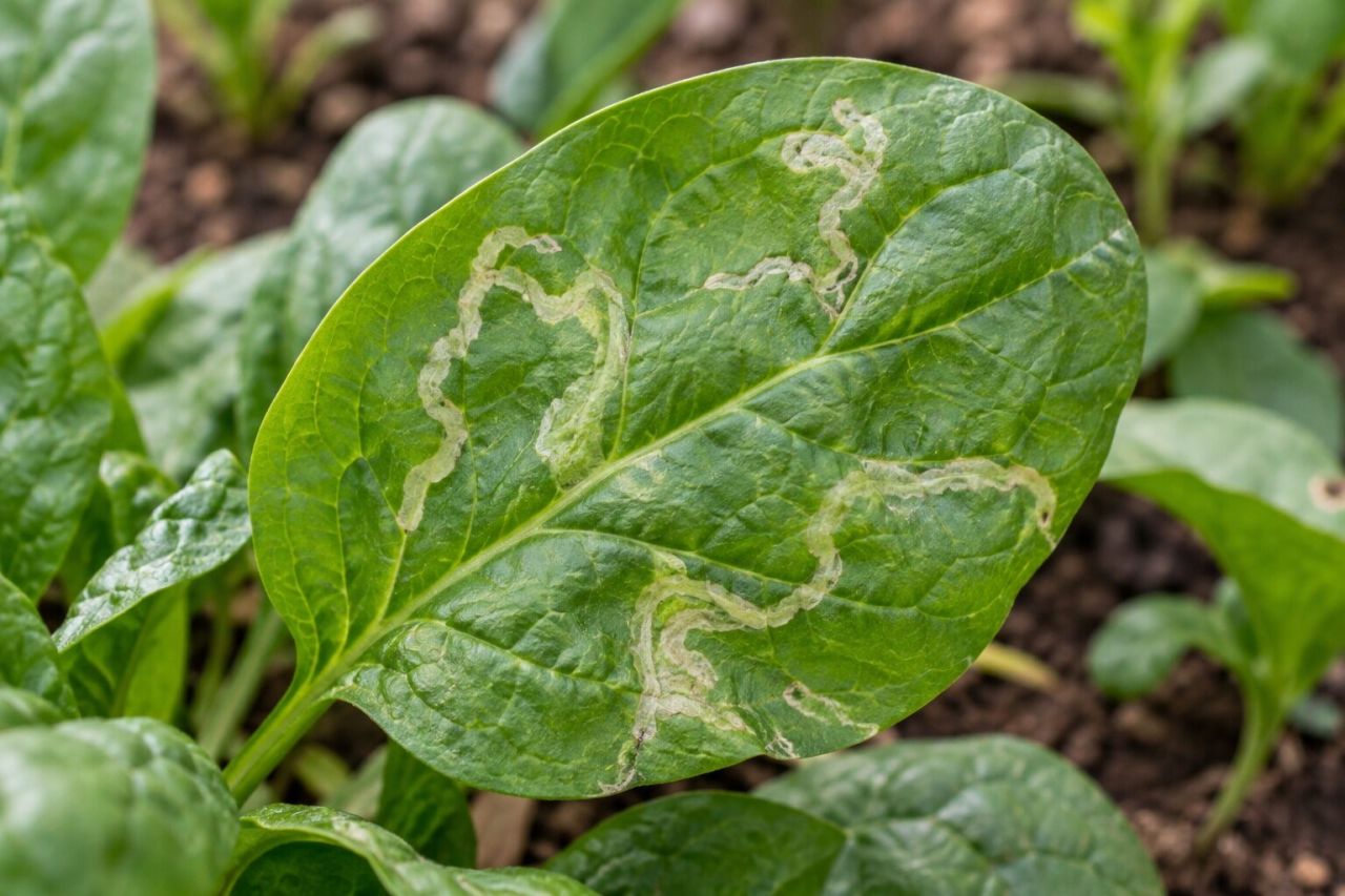 Pale winding leaf miner tunnels in a spinach leaf