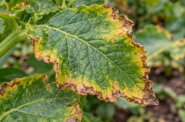 On potatoes, leaf edges yellow and brown.