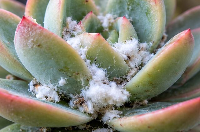 White, woolly masses in leaf joints and folds.