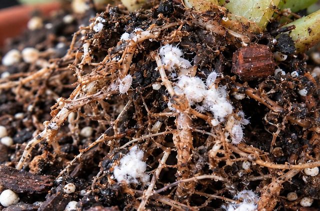 White waxy patches on roots when repotting.