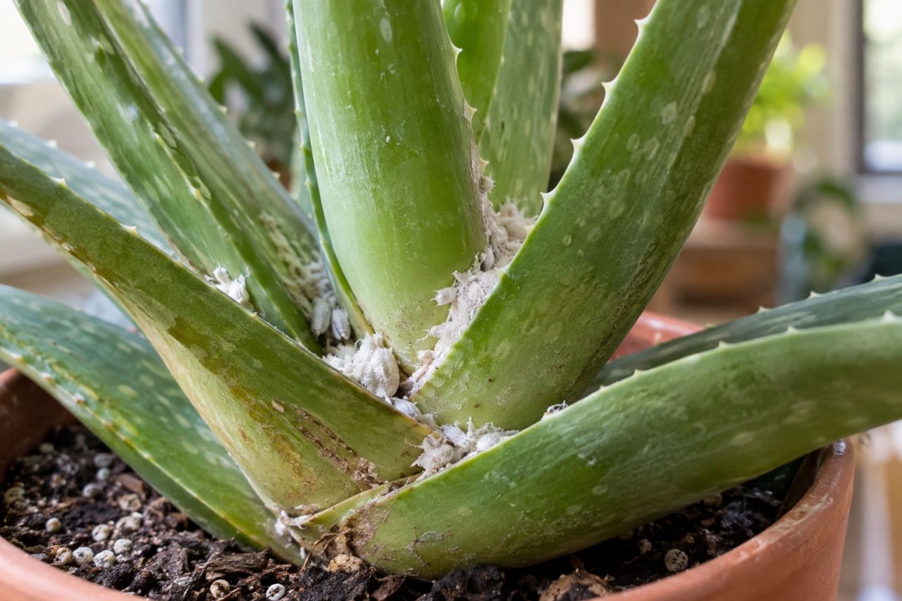 White cottony mealybugs at the base of aloe leaves