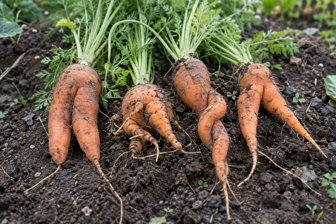 Forked and twisted carrots lifted onto the soil