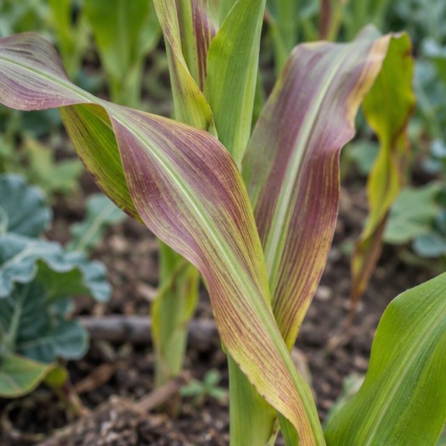 Brassica and corn leaves can flush red or purple as nitrogen falls.