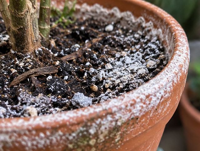 A pale salt crust forms on the compost surface and the pot rim.