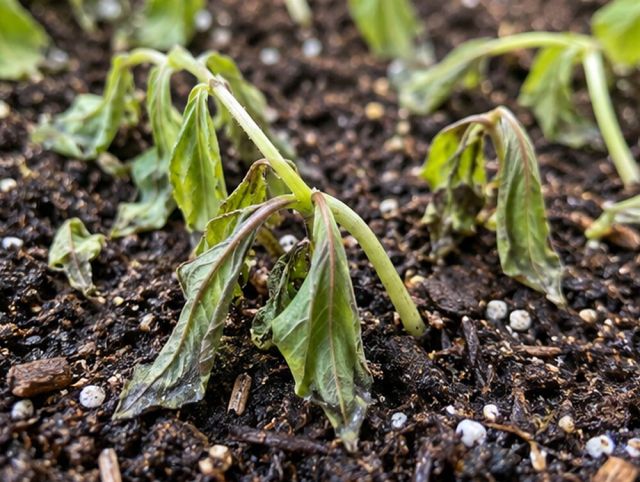 Seedlings collapse after a strong feed.
