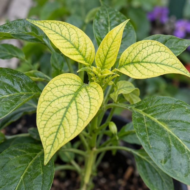 Iron or manganese: the youngest leaves go pale with sharp green veins.