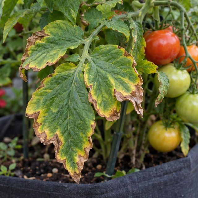 Potassium: leaf margins brown and curl, and fruit ripens unevenly.
