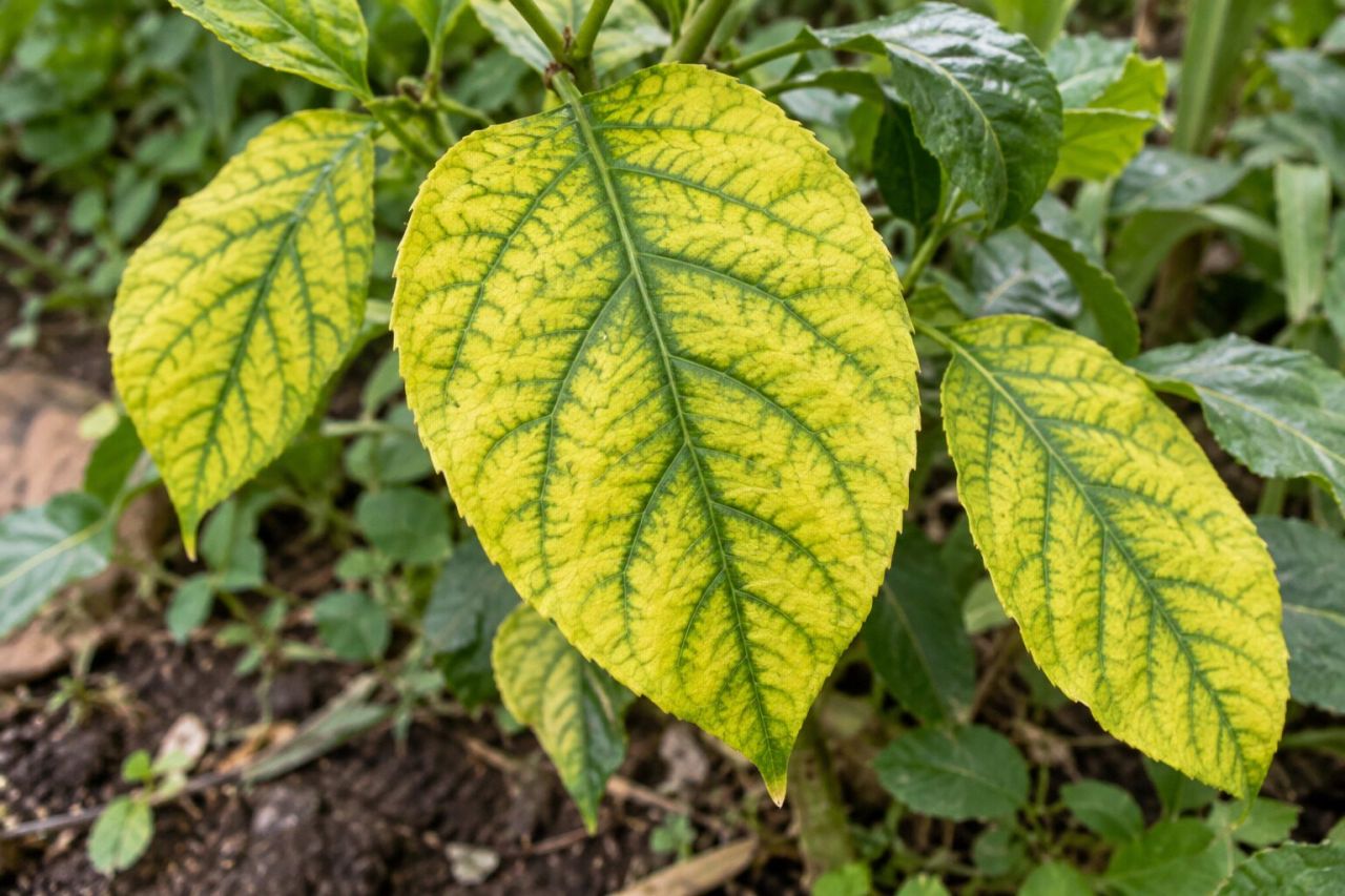 Leaves showing yellowing between green veins