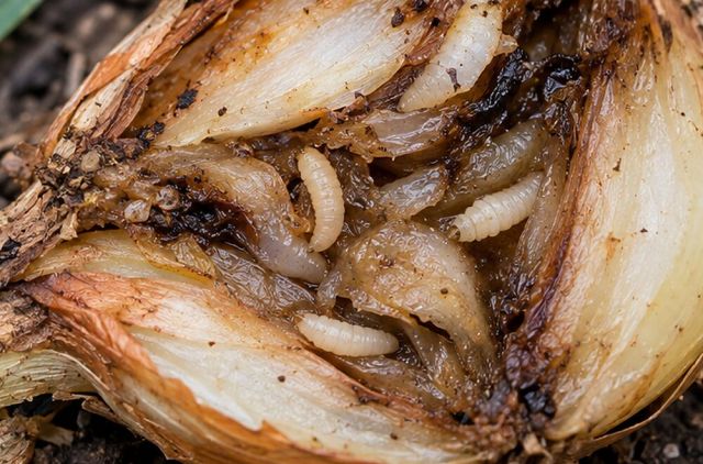 White maggots in rotting bulb tissue.