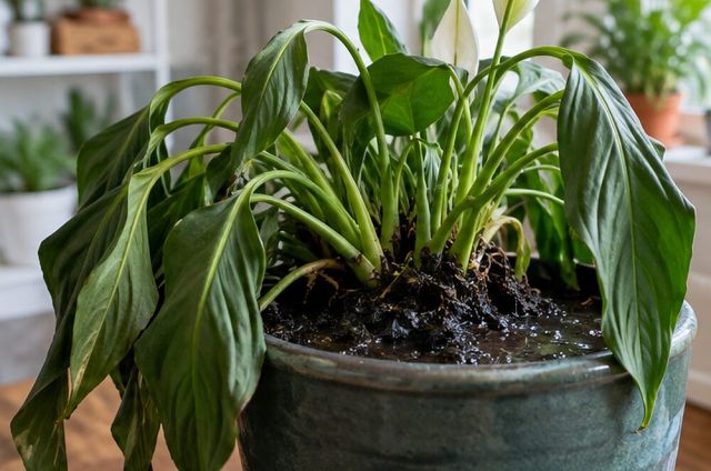The plant droops although the compost is damp, because the roots can no longer take up water.