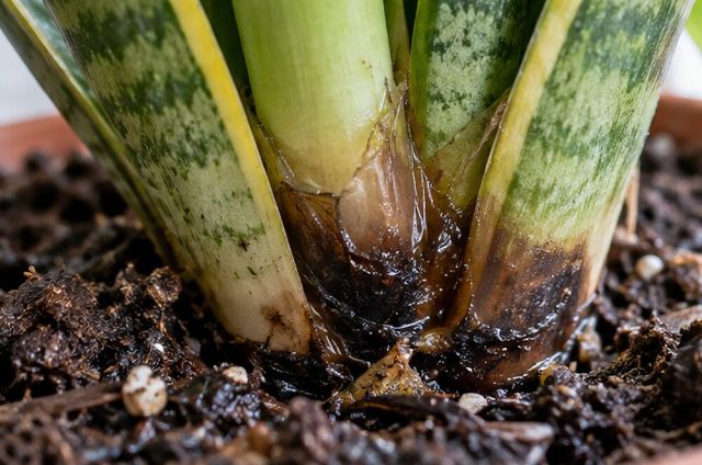Succulents and snake plants turn translucent and mushy where they meet the soil.
