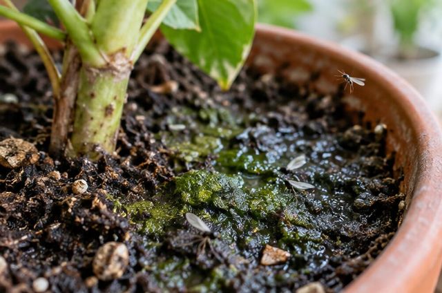 Waterlogged compost smells stale or rotten, and may grow green algae or attract fungus gnats.