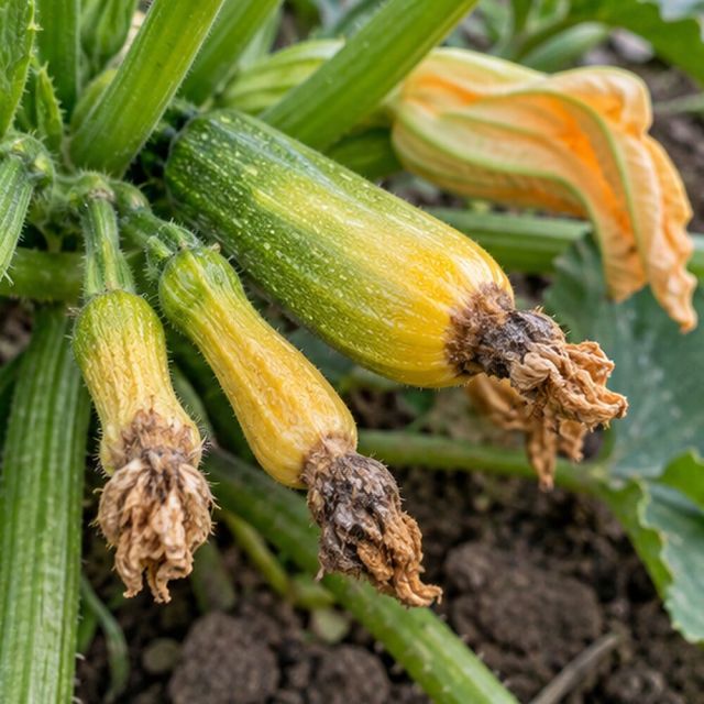 Tiny courgettes and squash turn yellow and rot at the tip.