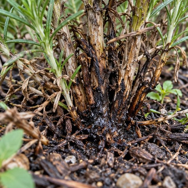 Stems blacken and soften at soil level; woody herbs die back from the centre.