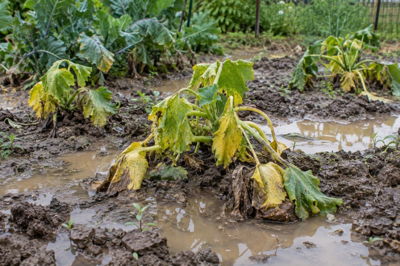 Yellowing plants collapsing in waterlogged soil