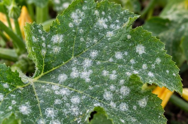 Small round white patches on the upper leaf.