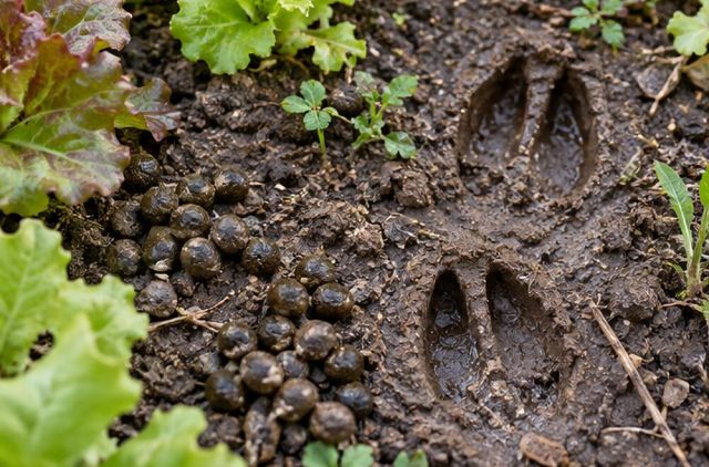 Round rabbit pellets, slots of deer hooves.