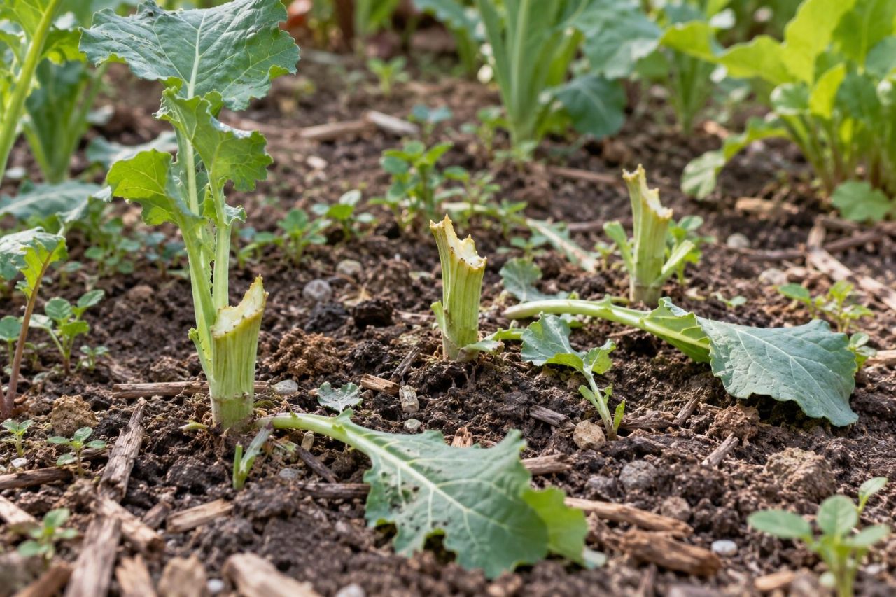 Young plants bitten off at the base by rabbits