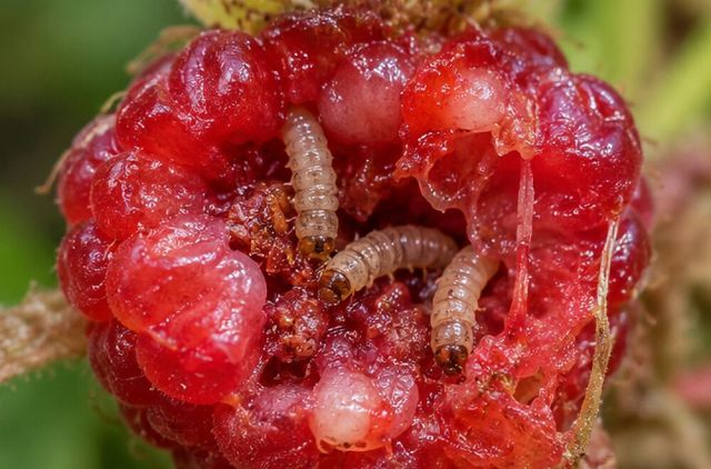 Pale brown larvae up to 8 mm long inside the fruit.
