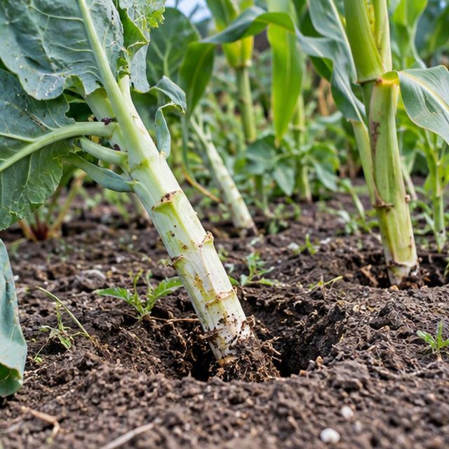 Tall brassicas and corn loosen at the base in wind, with a hollow round the stem.