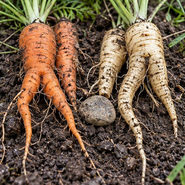 Carrots and parsnips split into legs where the tip hit a stone or was damaged.