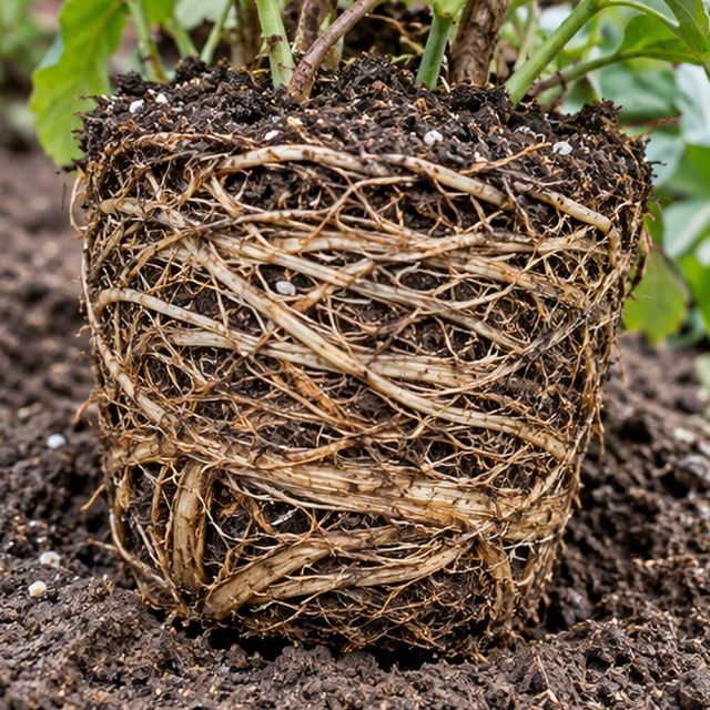 A pot-bound plant has roots wound round the pot and dries out fast.