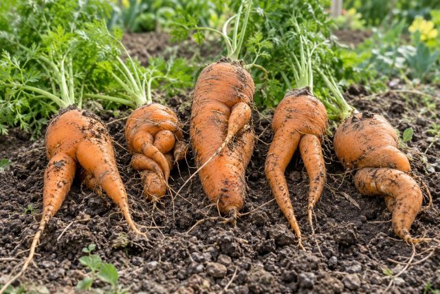 Forked and misshapen carrots on the soil