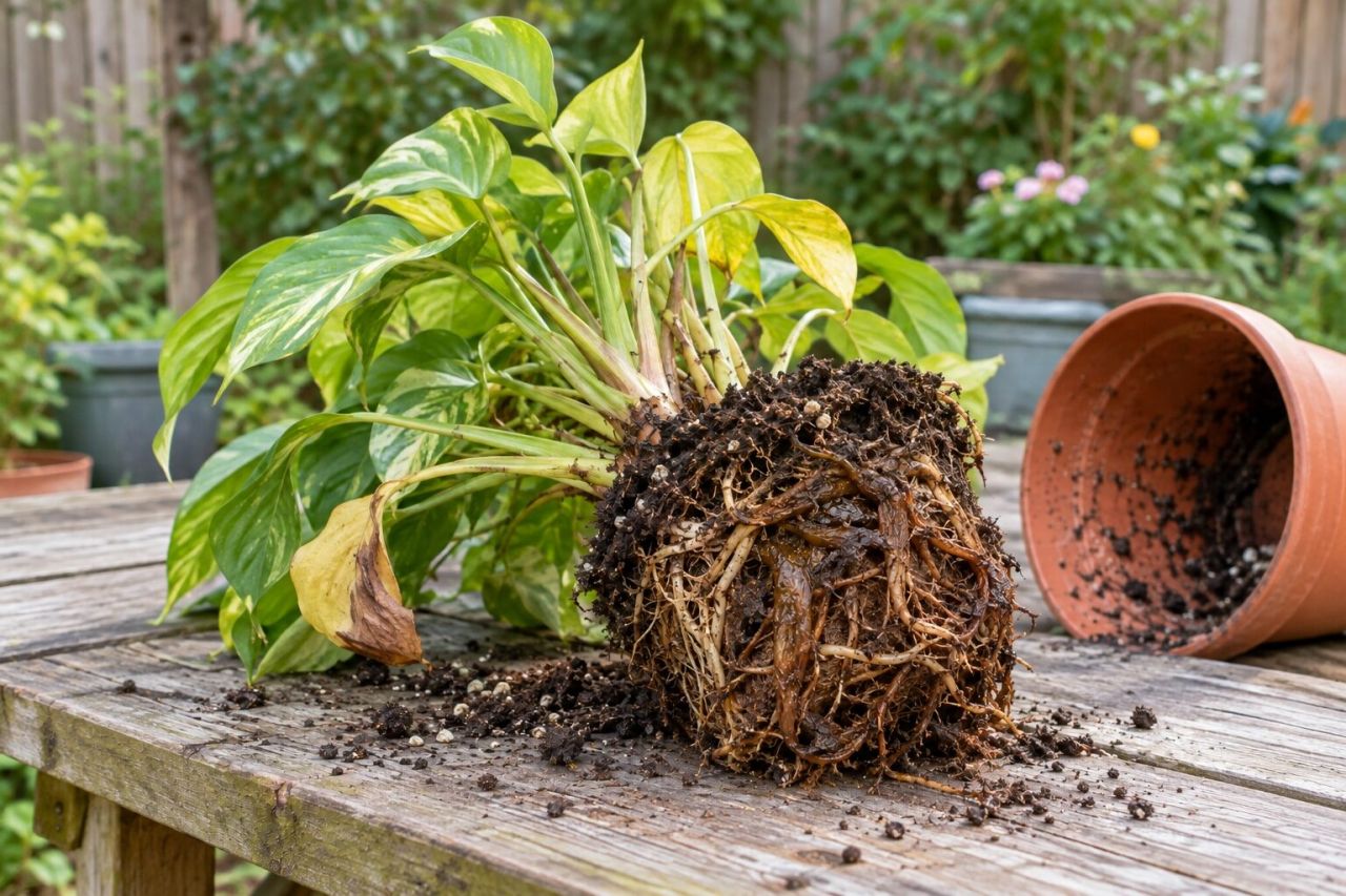 A plant lifted from its pot with brown, rotting roots