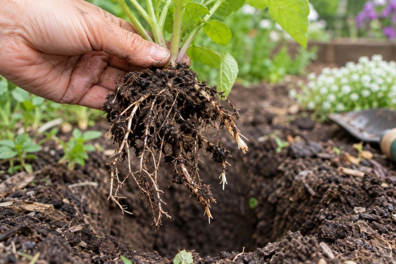 A young transplant drooping in freshly dug soil