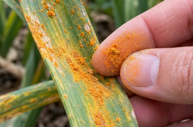 Rubbing leaves leaves orange dust on fingers.