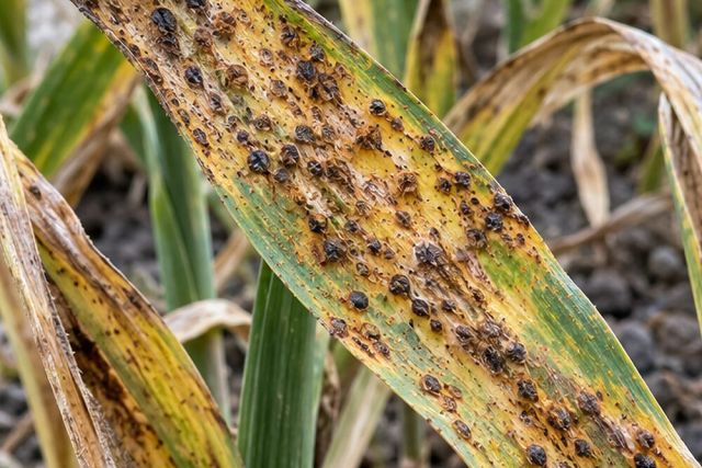 Late in the season, pustules turn brown or black.