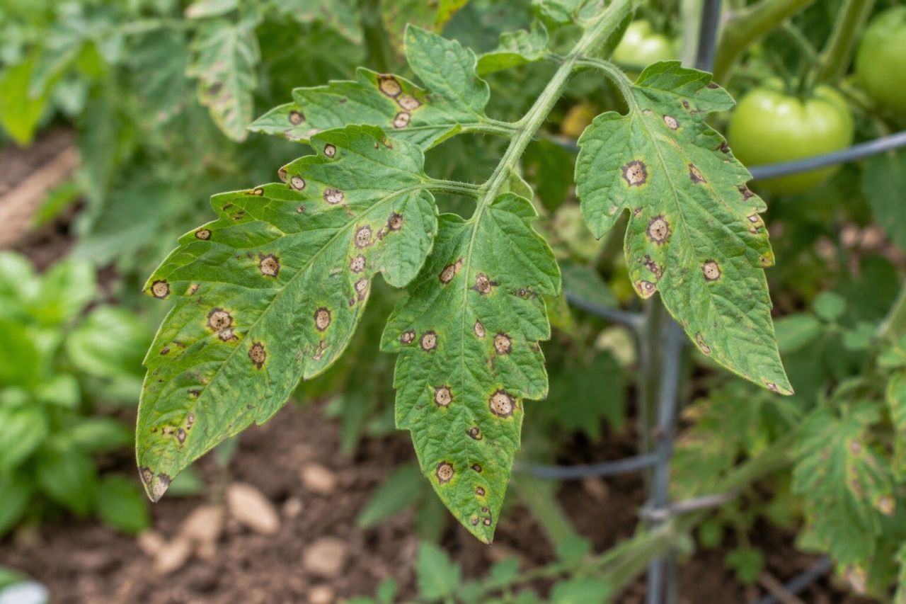 A tomato leaf with many small grey-centred Septoria spots