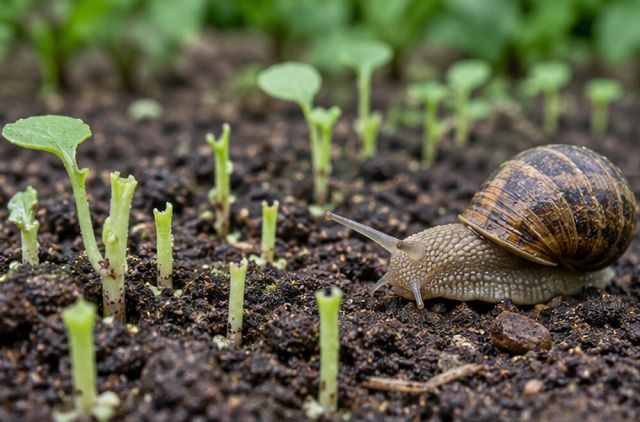Rows of seedlings grazed to stumps overnight.