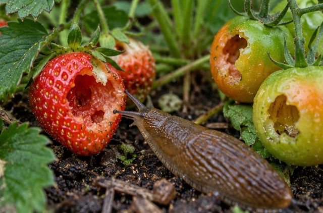 Strawberries and tomatoes near the ground hollowed out.