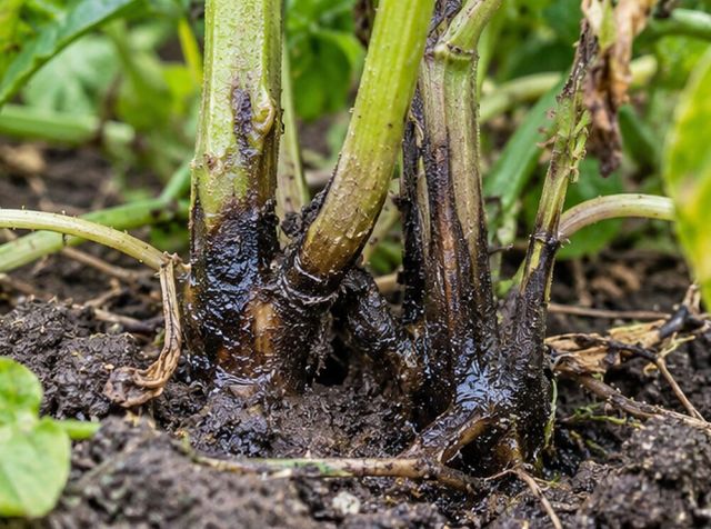 Potato stems turn black and slimy at soil level.