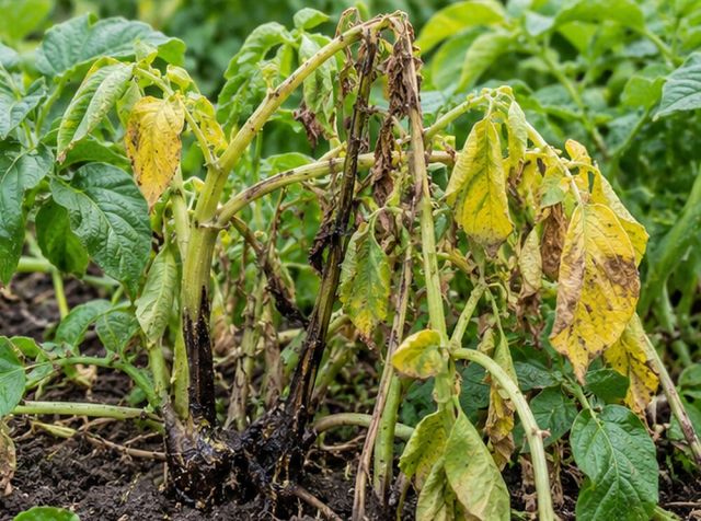 Leaves yellow and wilt above the rot.